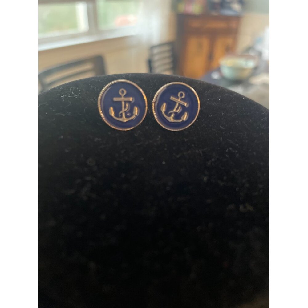 blue and gold-toned anchor stud earrings, approximately 1/2" in size